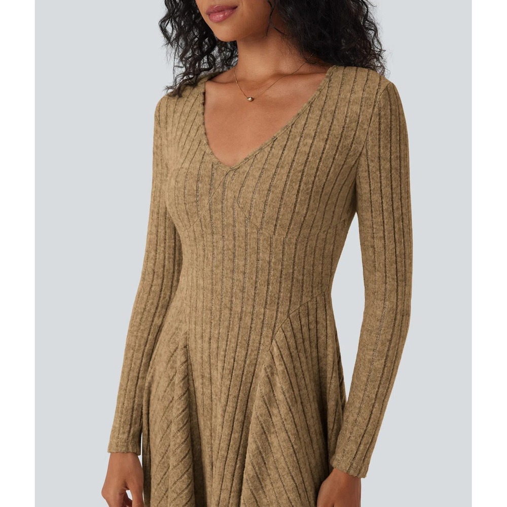 Halara nwt tan M ribbed long sleeve flare mini dress vacation travel office work